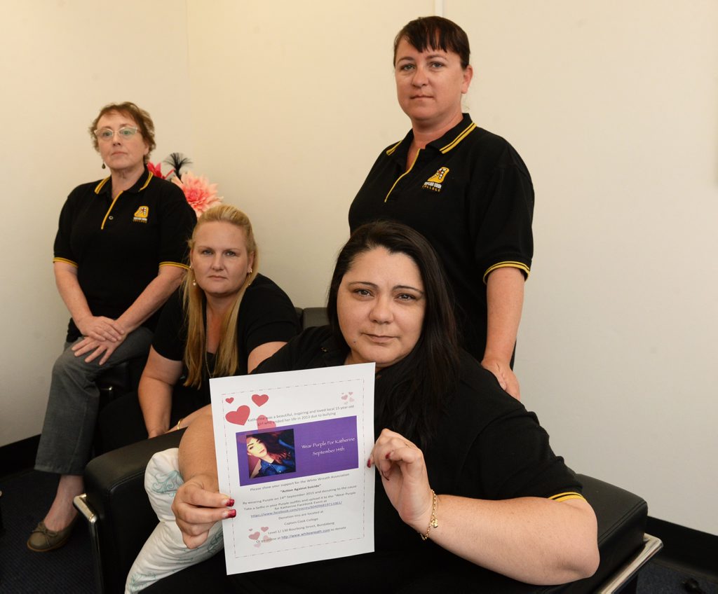 ACTION AGAINST SUICIDE: Wear Purple for Katherine on 14 September. Julia Gannon, Holly Davidson, Cherie Duffy and Katherine's mum Daisy Buckley (front). Photo: Mike Knott / NewsMail ACTION AGAINST SUICIDE: Wear Purple for Katherine on 14 September. Julia Gannon, Holly Davidson, Cherie Duffy and Katherine's mum Daisy Buckley (front). Photo: Mike Knott / NewsMail