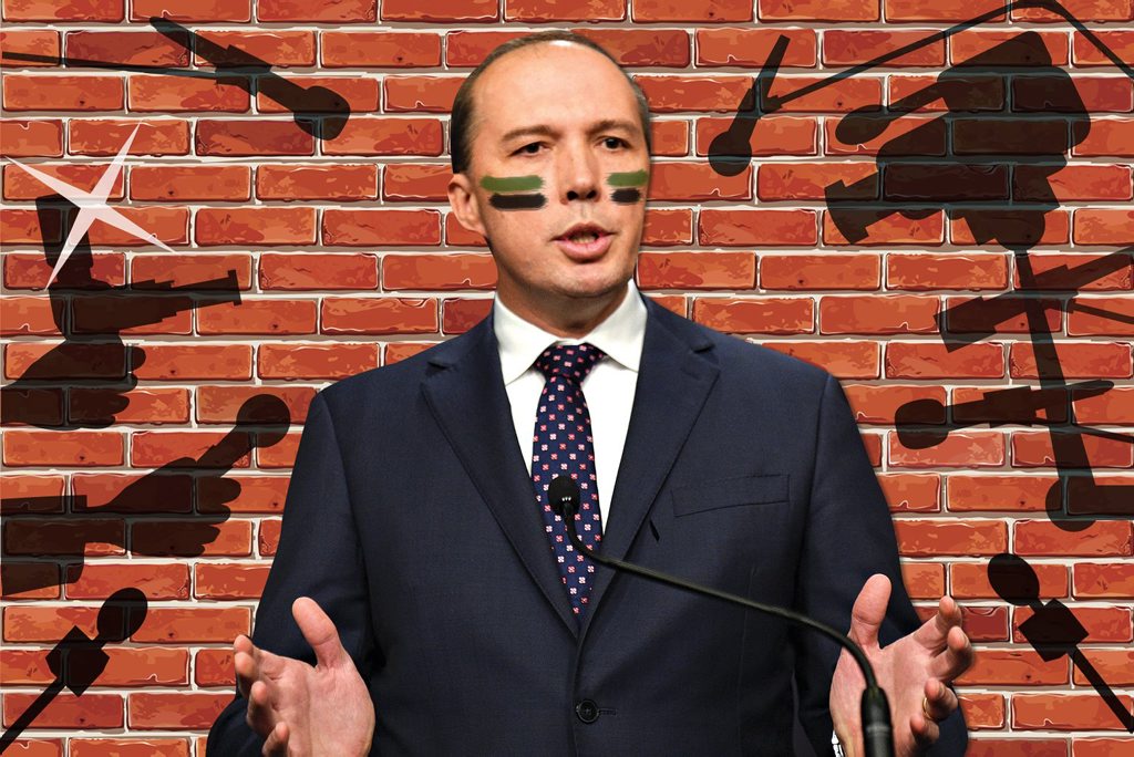 Immigration Minister Peter Dutton steels himself for another bout with those pesky jihadist journalists. Photo Digitally altered Immigration Minister Peter Dutton steels himself for another bout with those pesky jihadist journalists. Photo Digitally altered