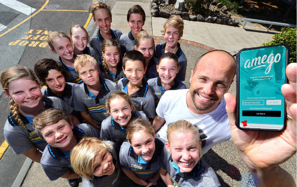 AMEGO: Dan McKinnon shows Year 6 Siena primary school students his new child safety app. AMEGO: Dan McKinnon shows Year 6 Siena primary school students his new child safety app.