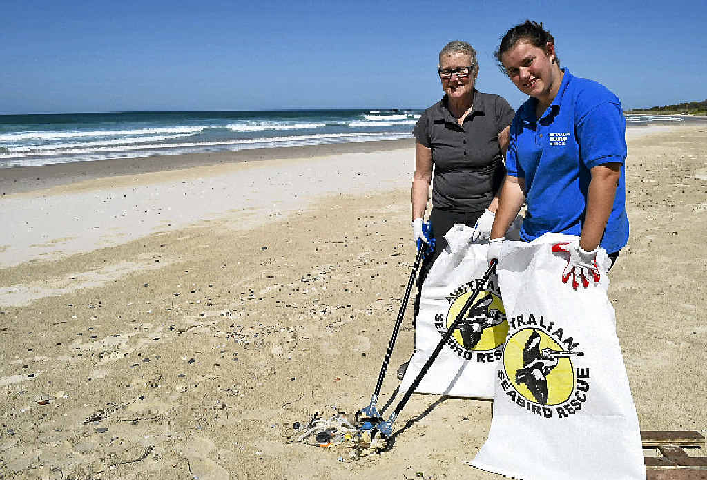 RUBBISH COLLECTION: Australian Seabird Rescue volunteers Catherine Johnson and Erin Sutherland at a Sharpes Beach clean-up on September 3. RUBBISH COLLECTION: Australian Seabird Rescue volunteers Catherine Johnson and Erin Sutherland at a Sharpes Beach clean-up on September 3.