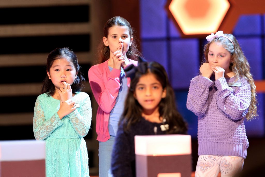 Grace, Amelia, Harpita and Peyton pictured in a scene from last night's The Great Australian Spelling Bee semi-final. Grace, Amelia, Harpita and Peyton pictured in a scene from last night's The Great Australian Spelling Bee semi-final.