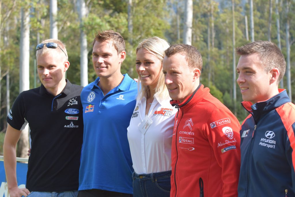 WRC drivers Ott Tanak, Andreas Mikkelsen, Kris Meeke and Hayden Paddon with Coates Hire Rally Australia ambassador Courtney Hancock at the Rally breakfast held at Bonville Golf Resort. Photo: Matt Deans / Coffs Coast Advocate WRC drivers Ott Tanak, Andreas Mikkelsen, Kris Meeke and Hayden Paddon with Coates Hire Rally Australia ambassador Courtney Hancock at the Rally breakfast held at Bonville Golf Resort. Photo: Matt Deans / Coffs Coast Advocate