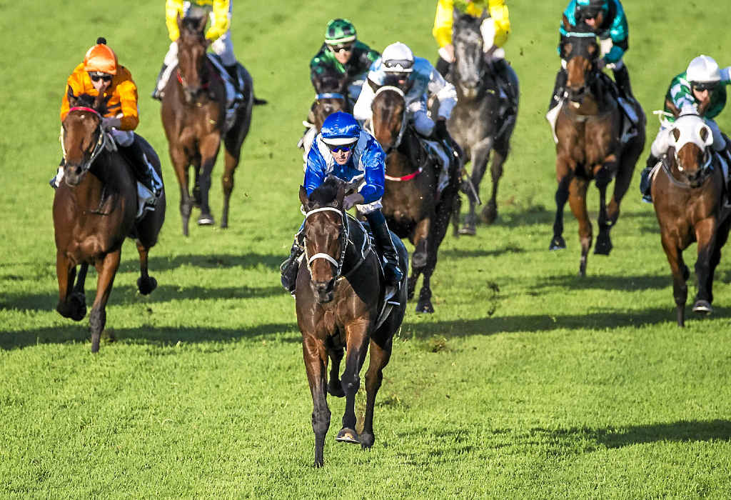 WINNING FORM: Jockey Hugh Bowman (blue silks) takes victory in the Queensland Oaks on Winx at Doomben. WINNING FORM: Jockey Hugh Bowman (blue silks) takes victory in the Queensland Oaks on Winx at Doomben.