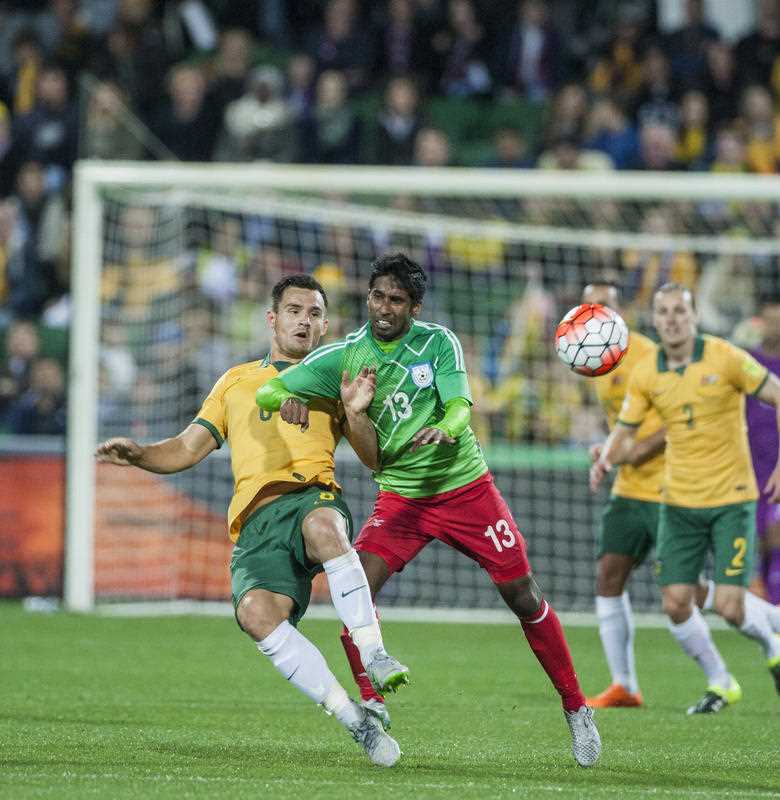 Bailey Wright for the Socceroos and Monaem Khan Raju for Bangladesh during the World Cup qualifier match between Australia and Bangladesh at NIB Stadium in Perth, Thursday Sept. 3, 2015. Australia won the match 5-0. Bailey Wright for the Socceroos and Monaem Khan Raju for Bangladesh during the World Cup qualifier match between Australia and Bangladesh at NIB Stadium in Perth, Thursday Sept. 3, 2015. Australia won the match 5-0.