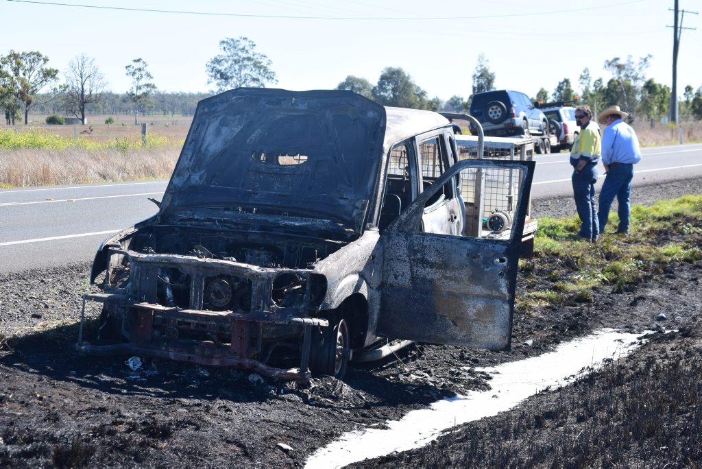 A ute, completely engulfed in flames, sparked a vegetation fire on the Warrego Hwy, east of Dalby, near Bowenville. A ute, completely engulfed in flames, sparked a vegetation fire on the Warrego Hwy, east of Dalby, near Bowenville.