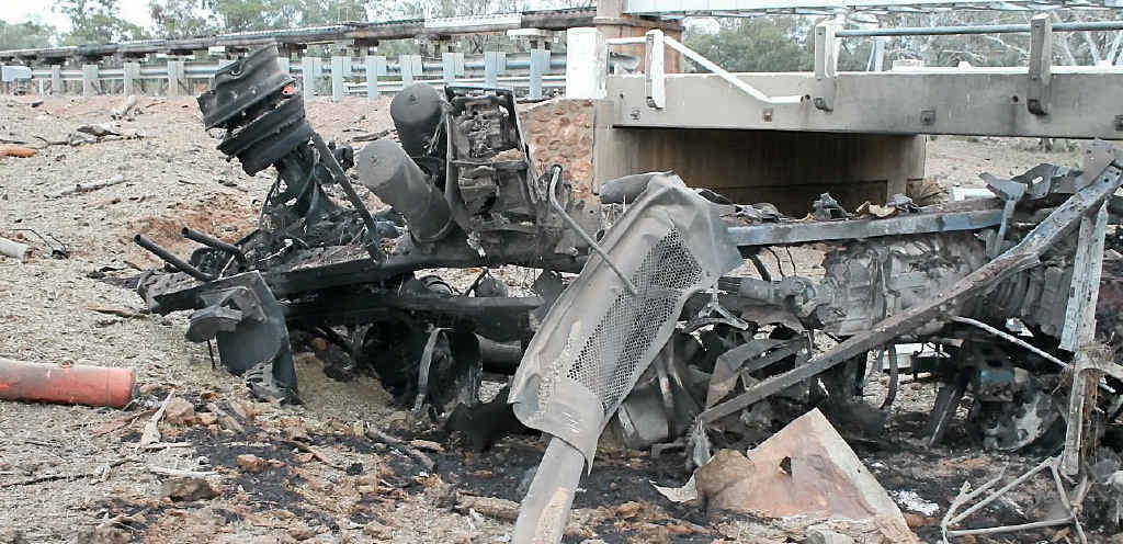 EXPLOSION: The scene of an explosion caused after a truck carrying ammonium nitrate crashed and rolled between Charleville and Wyandra. EXPLOSION: The scene of an explosion caused after a truck carrying ammonium nitrate crashed and rolled between Charleville and Wyandra.
