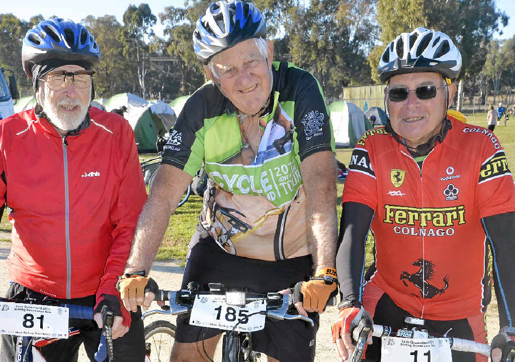 OFF TO LEYBURN: Three riders in their 70s, Merv Newnham, Bob Finch and Ramon Rodrigo, at the Warwick Showgrounds at the start of the Warwick to Leyburn ride in the Cycle Queensland Adventure Tour. OFF TO LEYBURN: Three riders in their 70s, Merv Newnham, Bob Finch and Ramon Rodrigo, at the Warwick Showgrounds at the start of the Warwick to Leyburn ride in the Cycle Queensland Adventure Tour.