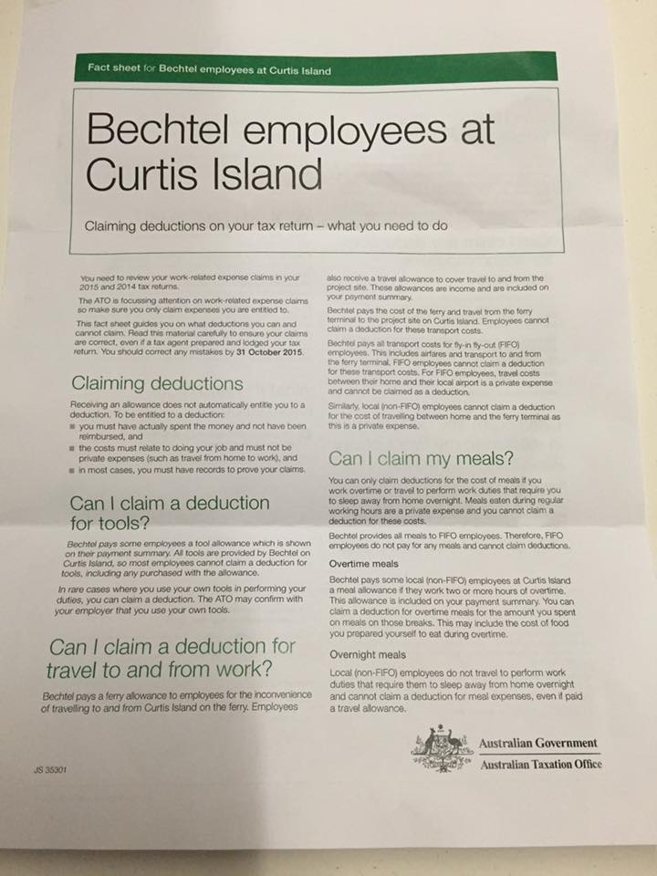 Australian Taxation Office has issued this fact sheet to Curtis Island workers. Australian Taxation Office has issued this fact sheet to Curtis Island workers.