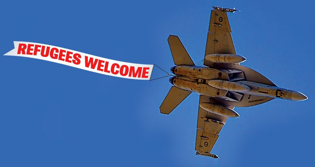 Droppin' bombs and takin' refugees. Sounds a bit strange, doesn't it? Photo Digitally altered Droppin' bombs and takin' refugees. Sounds a bit strange, doesn't it? Photo Digitally altered