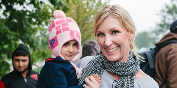 Rachel Smalley holds Selma, whose Syrian family is trying to reach Hungary from Serbia. Photo / World Vision Rachel Smalley holds Selma, whose Syrian family is trying to reach Hungary from Serbia. Photo / World Vision