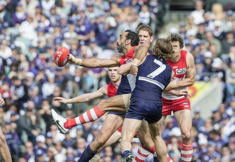 Adam Goodes of the Sydney Swans during the 2015 AFL Finals Series in the qualifying final at Domain Stadium between the Fremantle Dockers and Sydney in Perth on Saturday, Sept. 12, 2015. Fremantle won the match 69-60. Adam Goodes of the Sydney Swans during the 2015 AFL Finals Series in the qualifying final at Domain Stadium between the Fremantle Dockers and Sydney in Perth on Saturday, Sept. 12, 2015. Fremantle won the match 69-60.