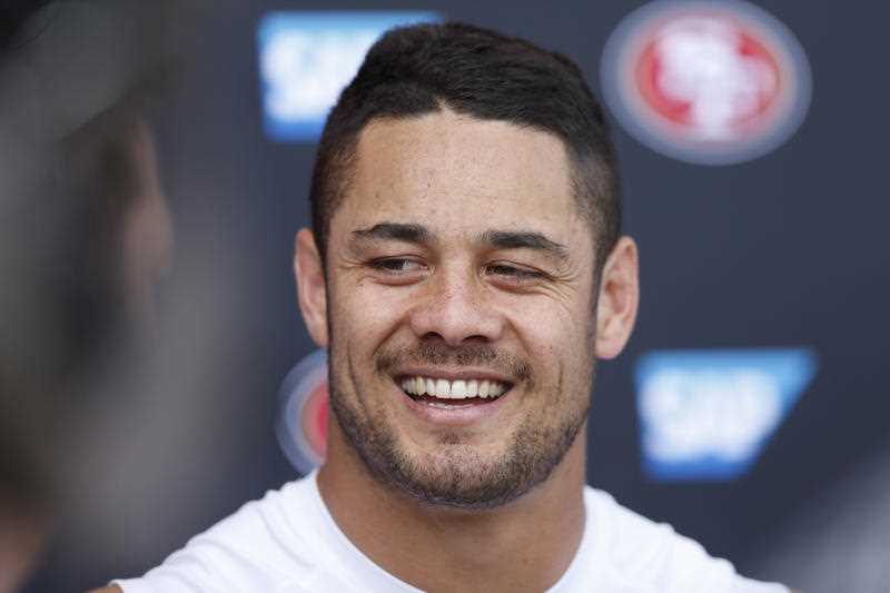 San Francisco 49ers' Jarryd Hayne jokes with reporters after the 49ers faced the Denver Broncos in an NFL football scrimmage at the Broncos' headquarters Thursday, Aug. 27, 2015, in Englewood, Colo. San Francisco 49ers' Jarryd Hayne jokes with reporters after the 49ers faced the Denver Broncos in an NFL football scrimmage at the Broncos' headquarters Thursday, Aug. 27, 2015, in Englewood, Colo.