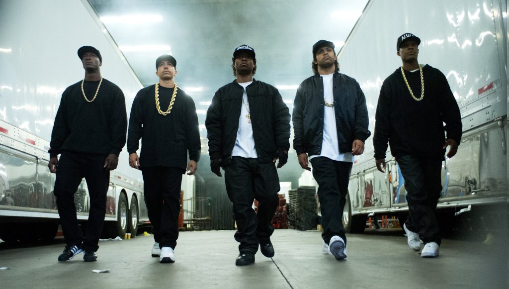 FOR REVIEW AND PREVIEW PURPOSES ONLY. Neil Brown Jr, Aldis Hodge, Corey Hawkins, Jason Mitchell and O'Shea Jackson Jr in a scene from the movie Straight Outta Compton. Supplied by Universal Pictures.