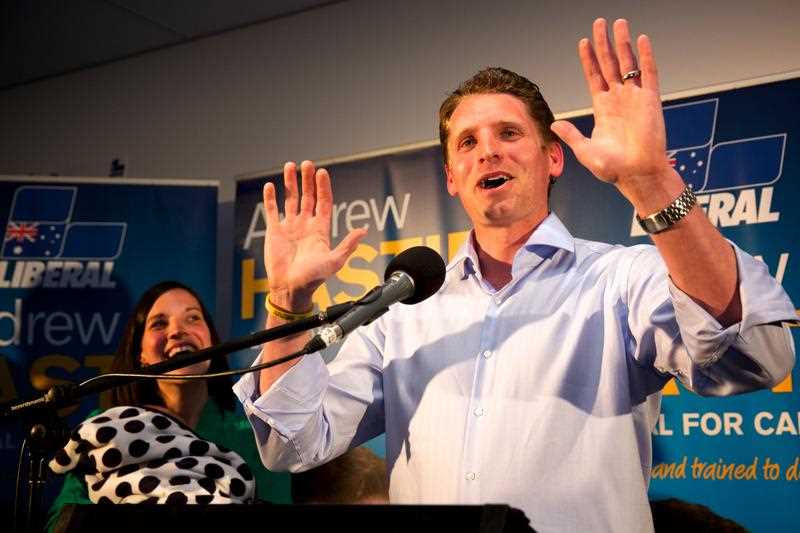 Australian Liberal candidate for Canning Andrew Hastie with his wife Ruth Hastie (left) holding their son Jonathan gives a speech after winning the Canning by-election at the Pinjarra Bowling Club Western Australia on Saturday Sept. 19, 2015. Australian Liberal candidate for Canning Andrew Hastie with his wife Ruth Hastie (left) holding their son Jonathan gives a speech after winning the Canning by-election at the Pinjarra Bowling Club Western Australia on Saturday Sept. 19, 2015.