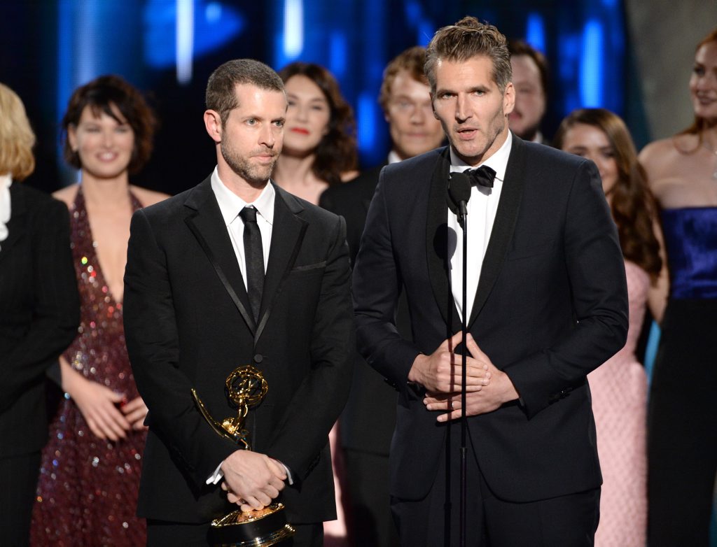 D.B. Weiss, left, and David Benioff accept the award for outstanding drama series for Game Of Thrones at the 67th Primetime Emmy Awards. D.B. Weiss, left, and David Benioff accept the award for outstanding drama series for Game Of Thrones at the 67th Primetime Emmy Awards.