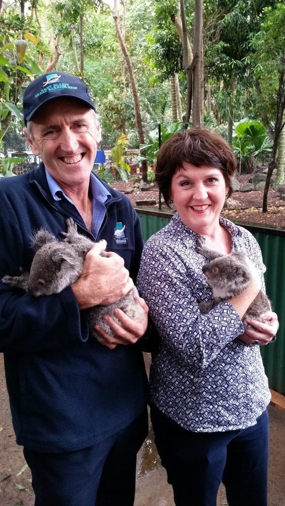 Koalas at The Currumbin Wildlife Sanctuary on the Gold Coast were officially named Little Lady and Elliot. Peter Gash holding Elliot the koala and Jann Stuckey MP is holding Lady. Photo Contributed Koalas at The Currumbin Wildlife Sanctuary on the Gold Coast were officially named Little Lady and Elliot. Peter Gash holding Elliot the koala and Jann Stuckey MP is holding Lady. Photo Contributed