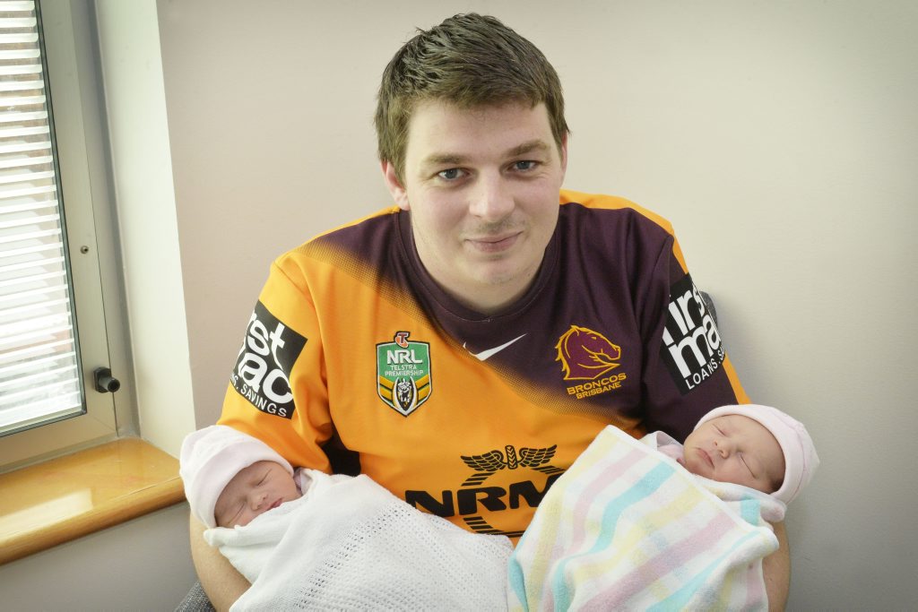 Image for sale: Cheryl and Clinton Koch welcomed the Bronco's newest fans, twins Scarlette Marie Koch and Ceanna Harper Koch on September 15 at 6.23pm and 6.35pm weighing 2.76kg and 2.64kg. Photo Inga Williams / The Queensland Times