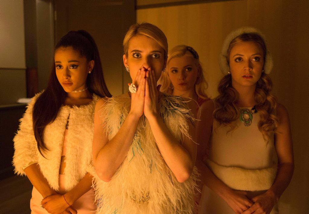 Ariana Grande, Emma Roberts, Abigail Breslin and Billie Lourd in a scene from Scream Queens. Ariana Grande, Emma Roberts, Abigail Breslin and Billie Lourd in a scene from Scream Queens.