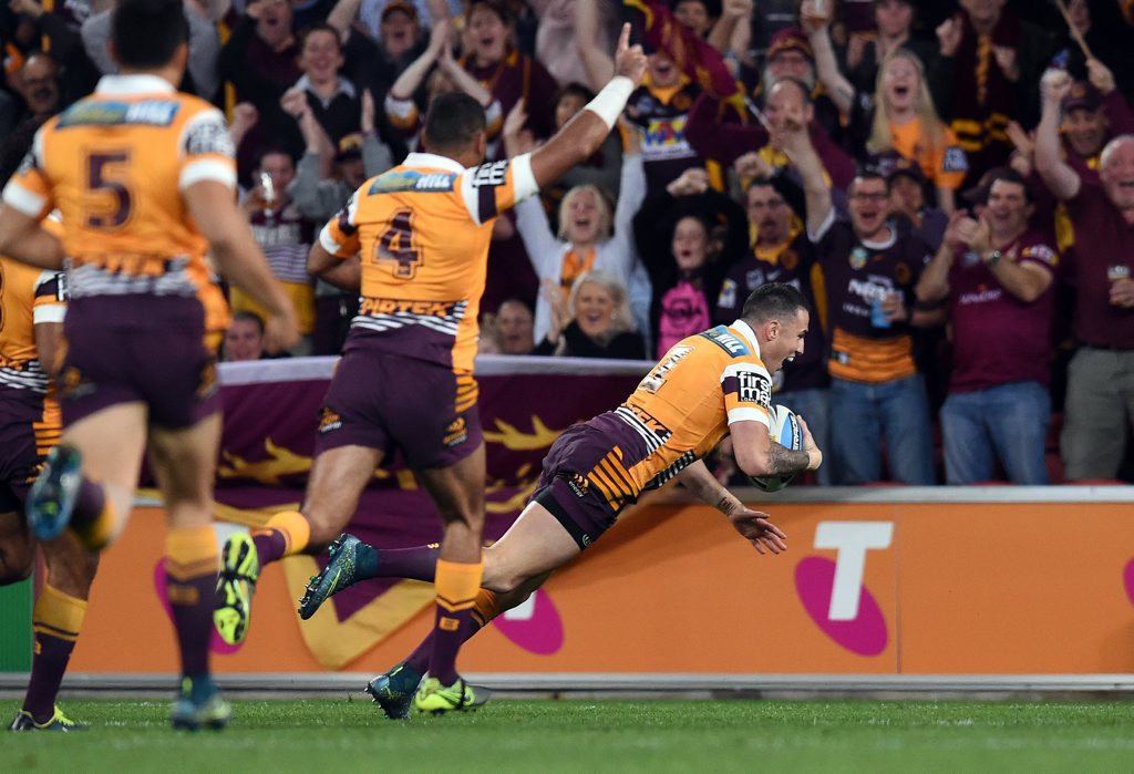 WHAT A START: Darius Boyd crosses for the Broncos’ first try after just one minute. WHAT A START: Darius Boyd crosses for the Broncos’ first try after just one minute.