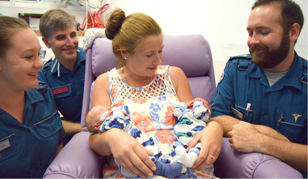 SPECIAL DELIVERY: Fourth time mum Tammica Whaling was grateful for the help from Adam Gett (right), Brittany Aitchison (left) and Cleveland Marcum, with the arrival two healthy now 12-day-old twins, Jobe (left) and Jackson. Mum and twins are still in the Mackay Base Hospital. SPECIAL DELIVERY: Fourth time mum Tammica Whaling was grateful for the help from Adam Gett (right), Brittany Aitchison (left) and Cleveland Marcum, with the arrival two healthy now 12-day-old twins, Jobe (left) and Jackson. Mum and twins are still in the Mackay Base Hospital.