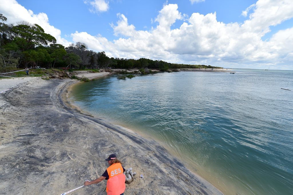 A large sink hole has swallowed a large chunk of the camping area on Inskip Point, taking with it a caravan, camper trailer and one vehicle. A large sink hole has swallowed a large chunk of the camping area on Inskip Point, taking with it a caravan, camper trailer and one vehicle.