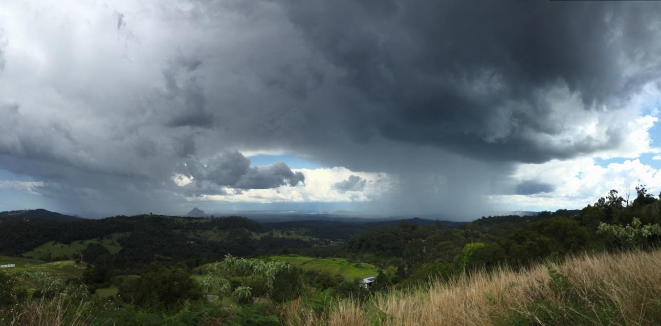 The crew from Higgins Storm Chasing posted this photo from Glass House Mountains where some small hail fell this afternoon. The crew from Higgins Storm Chasing posted this photo from Glass House Mountains where some small hail fell this afternoon.