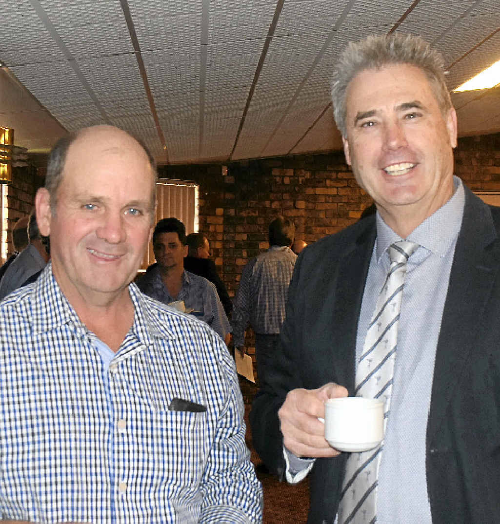 BUYBACK TALK: Balonne Shire Councillor Rod Avery catches up with Western Downs mayor Ray Brown.
