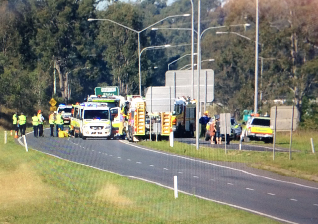 Emergency services at the scene of a traffic crash on the Cunningham Highway near Ripley. Emergency services at the scene of a traffic crash on the Cunningham Highway near Ripley.