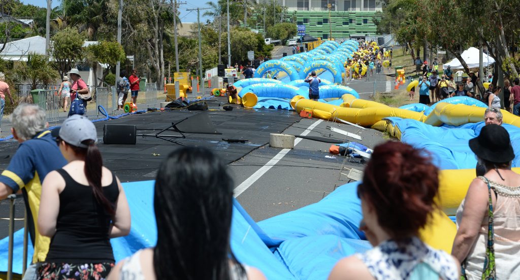 The City Slider on Albert Street Rockhampton after a gust of wind lifted a section of the slide. Photo: Chris Ison / The Morning Bulletin The City Slider on Albert Street Rockhampton after a gust of wind lifted a section of the slide. Photo: Chris Ison / The Morning Bulletin