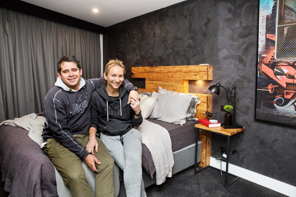 The Block contestants Kingi and Caro pictured in their winning guest bedroom. The Block contestants Kingi and Caro pictured in their winning guest bedroom.