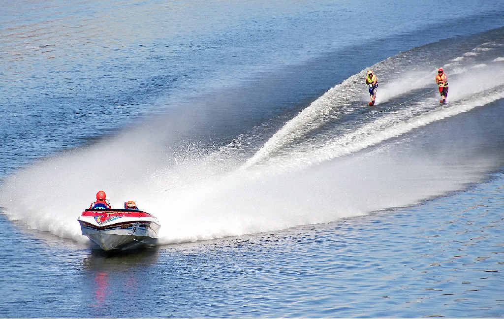 FLYING: Karen McDonald took this photo of the Top Gun boat, seconds before the skiing accident. FLYING: Karen McDonald took this photo of the Top Gun boat, seconds before the skiing accident.