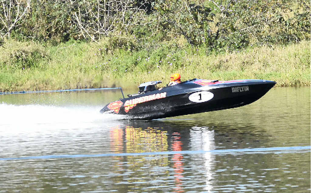 TAKE FLIGHT: Superman takes off in the 2015 Grafton Bridge to Bridge ski race. Superman is the first boat to launch from the starting line. On board is Darren McGuire (driver) and Brad Armstrong (observer). They are towing Daniel Graziano and Daniel Cotton. Photos: Matthew Elkerton TAKE FLIGHT: Superman takes off in the 2015 Grafton Bridge to Bridge ski race. Superman is the first boat to launch from the starting line. On board is Darren McGuire (driver) and Brad Armstrong (observer). They are towing Daniel Graziano and Daniel Cotton. Photos: Matthew Elkerton
