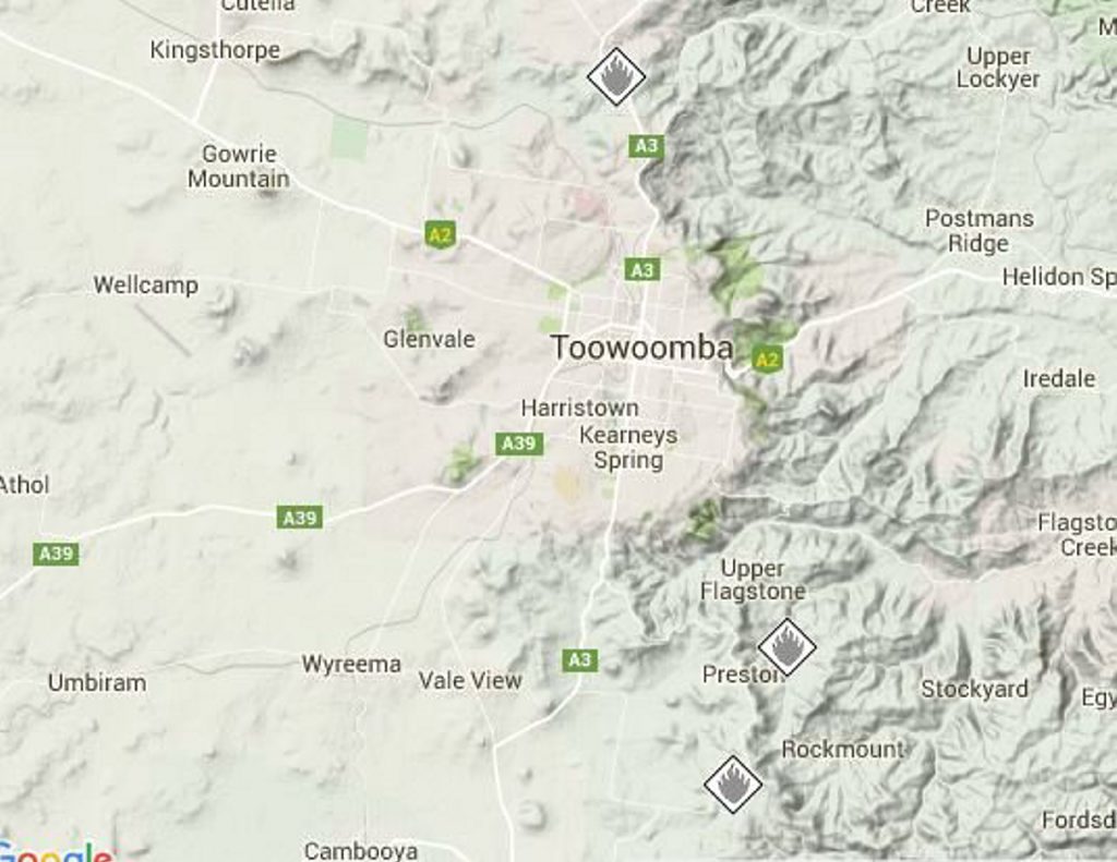 A map from the QFRS website showing some of the active fires in the region. A map from the QFRS website showing some of the active fires in the region.