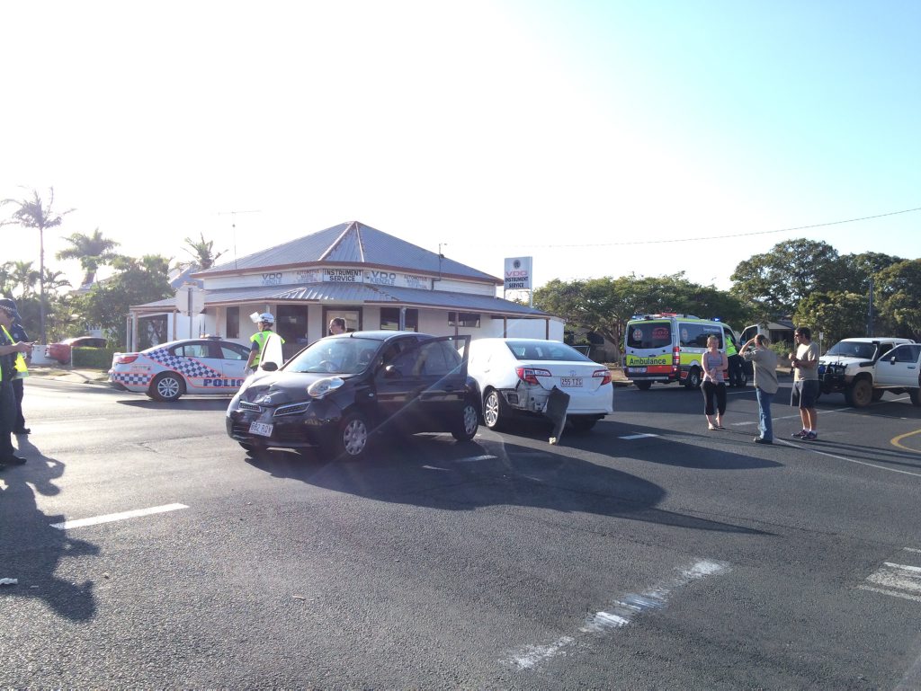 A two car smash at the intersection of Targo and Burnett Sts. Photo Leah Kidd / NewsMail A two car smash at the intersection of Targo and Burnett Sts. Photo Leah Kidd / NewsMail