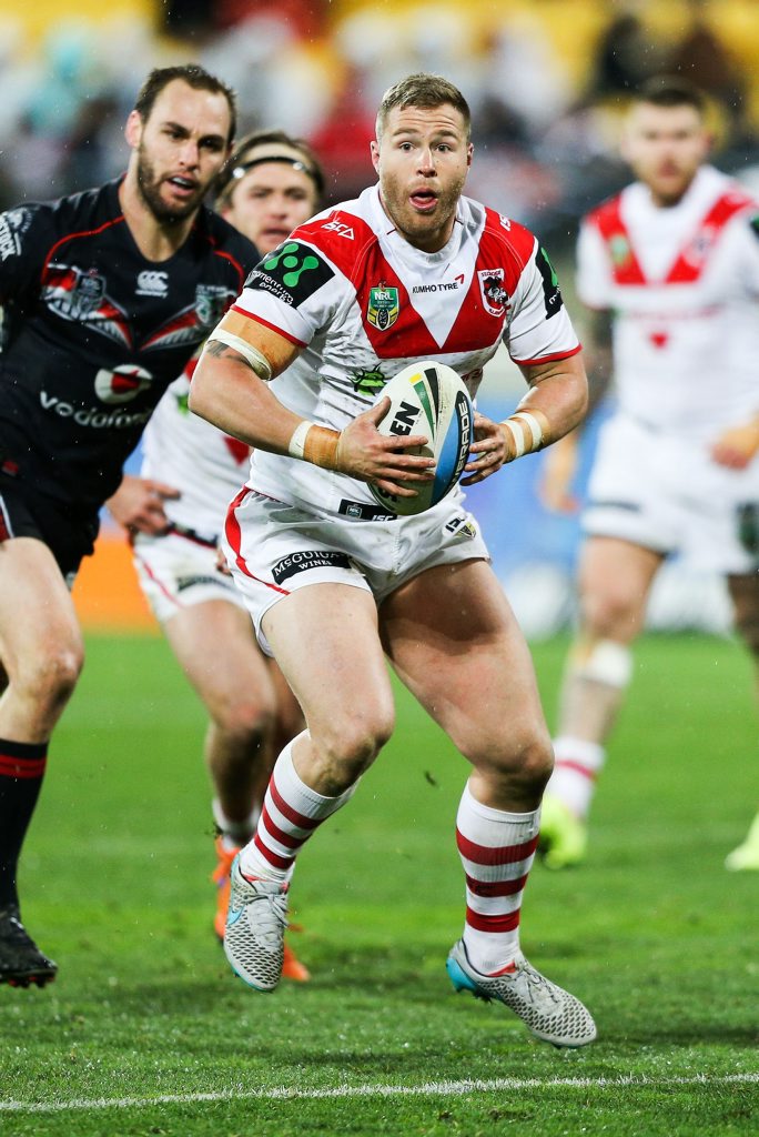 WELLINGTON, NEW ZEALAND - AUGUST 08: Trent Merrin of the Dragons makes a break during the round 22 NRL match between the New Zealand Warriors and the St George Illawarra Dragons at Westpac Stadium on August 8, 2015 in Wellington, New Zealand. (Photo by Hagen Hopkins/Getty Images) WELLINGTON, NEW ZEALAND - AUGUST 08: Trent Merrin of the Dragons makes a break during the round 22 NRL match between the New Zealand Warriors and the St George Illawarra Dragons at Westpac Stadium on August 8, 2015 in Wellington, New Zealand. (Photo by Hagen Hopkins/Getty Images)