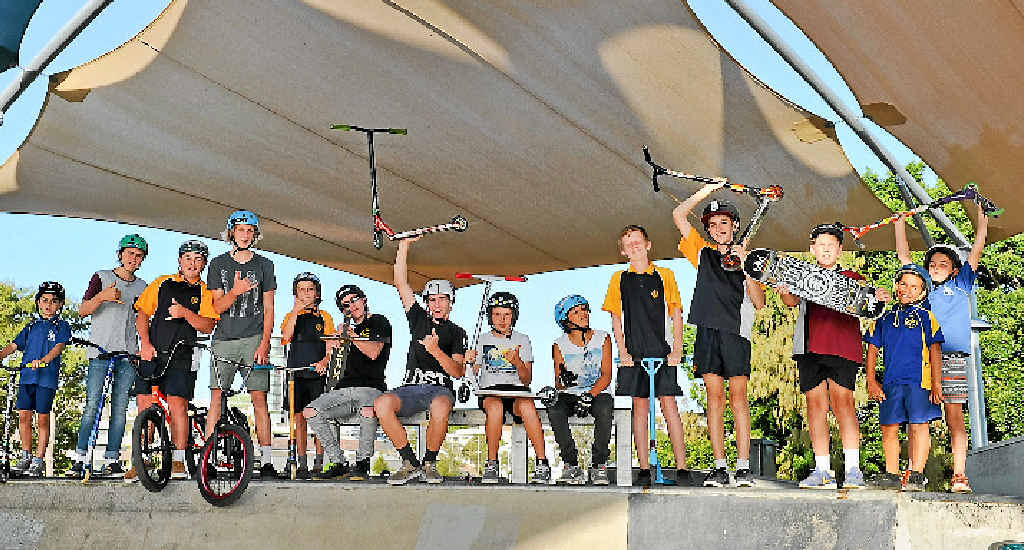 GANG’S ALL HERE: The gang at the Gladstone skate park. GANG’S ALL HERE: The gang at the Gladstone skate park.