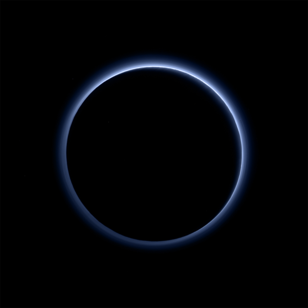 Pluto’s Blue Sky: Pluto’s haze layer shows its blue color in this picture taken by the New Horizons Ralph/Multispectral Visible Imaging Camera (MVIC). Pluto’s Blue Sky: Pluto’s haze layer shows its blue color in this picture taken by the New Horizons Ralph/Multispectral Visible Imaging Camera (MVIC).