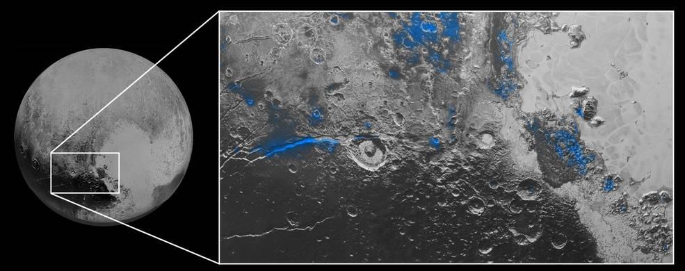 Water Ice on Pluto: Regions with exposed water ice are highlighted in blue in this composite image from New Horizons' Ralph instrument, combining visible imagery from the Multispectral Visible Imaging Camera (MVIC) with infrared spectroscopy from the Linear Etalon Imaging Spectral Array (LEISA). Water Ice on Pluto: Regions with exposed water ice are highlighted in blue in this composite image from New Horizons' Ralph instrument, combining visible imagery from the Multispectral Visible Imaging Camera (MVIC) with infrared spectroscopy from the Linear Etalon Imaging Spectral Array (LEISA).