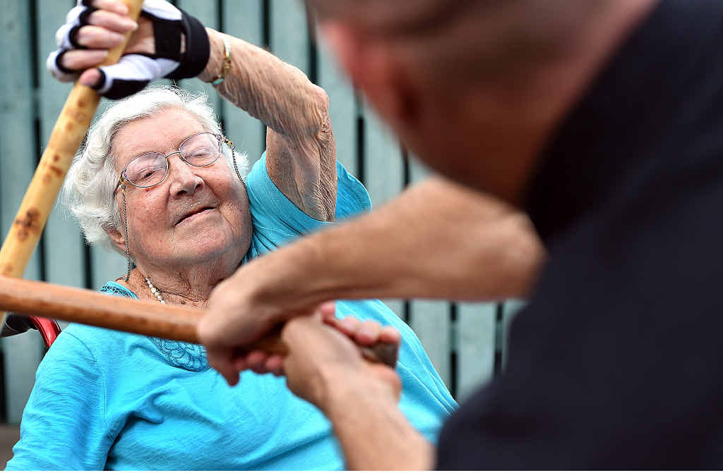 GREEN BELT GRANNY: 86-year-old Jean Simmons hasn’t shied away from workouts with her instructor Michael Green. GREEN BELT GRANNY: 86-year-old Jean Simmons hasn’t shied away from workouts with her instructor Michael Green.
