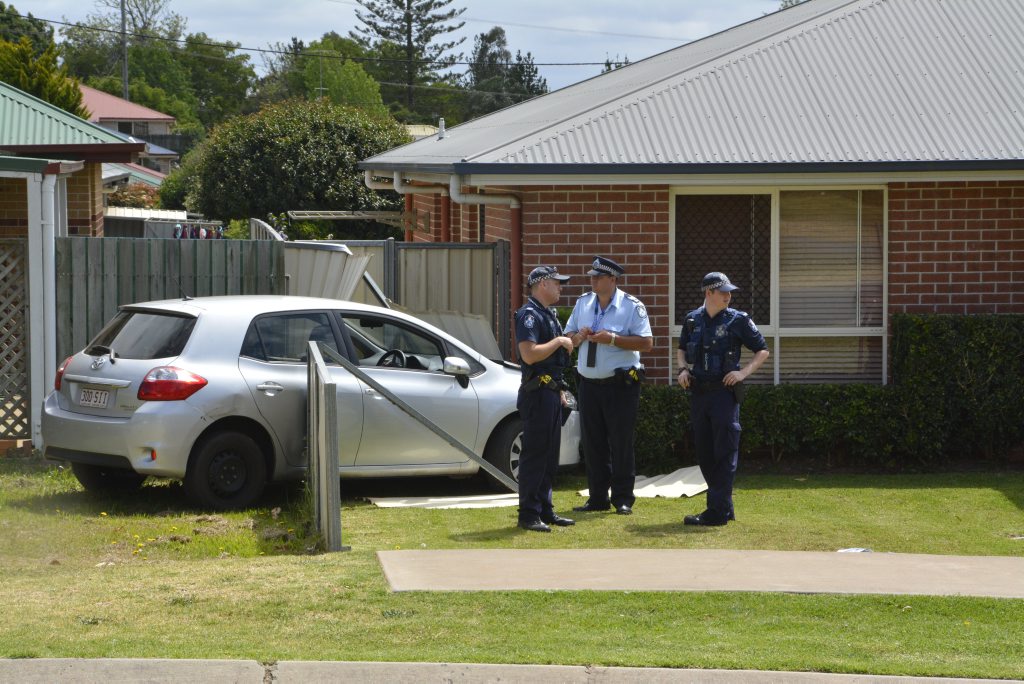 A car was damaged after it ploughed into a Kearneys Spring home Saturday morning. A car was damaged after it ploughed into a Kearneys Spring home Saturday morning.