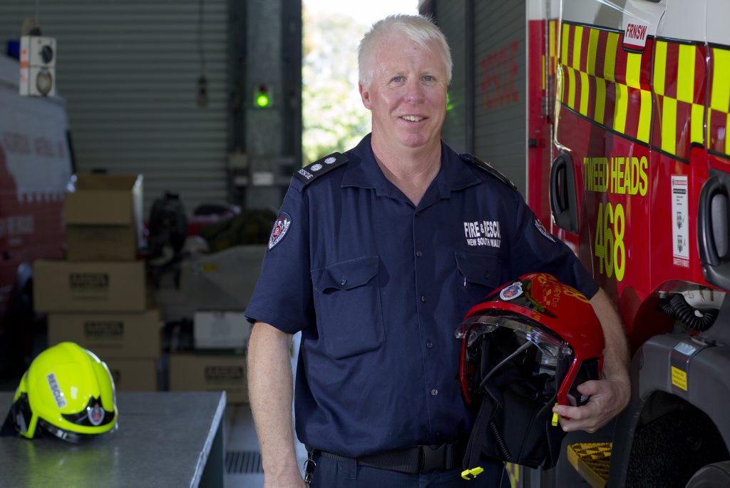 Tweed Heads Fire and Rescue Station Officer Mark Johnson with his new state-of-the-art helmet. Photo: Liana Turner / Tweed Daily News Tweed Heads Fire and Rescue Station Officer Mark Johnson with his new state-of-the-art helmet. Photo: Liana Turner / Tweed Daily News