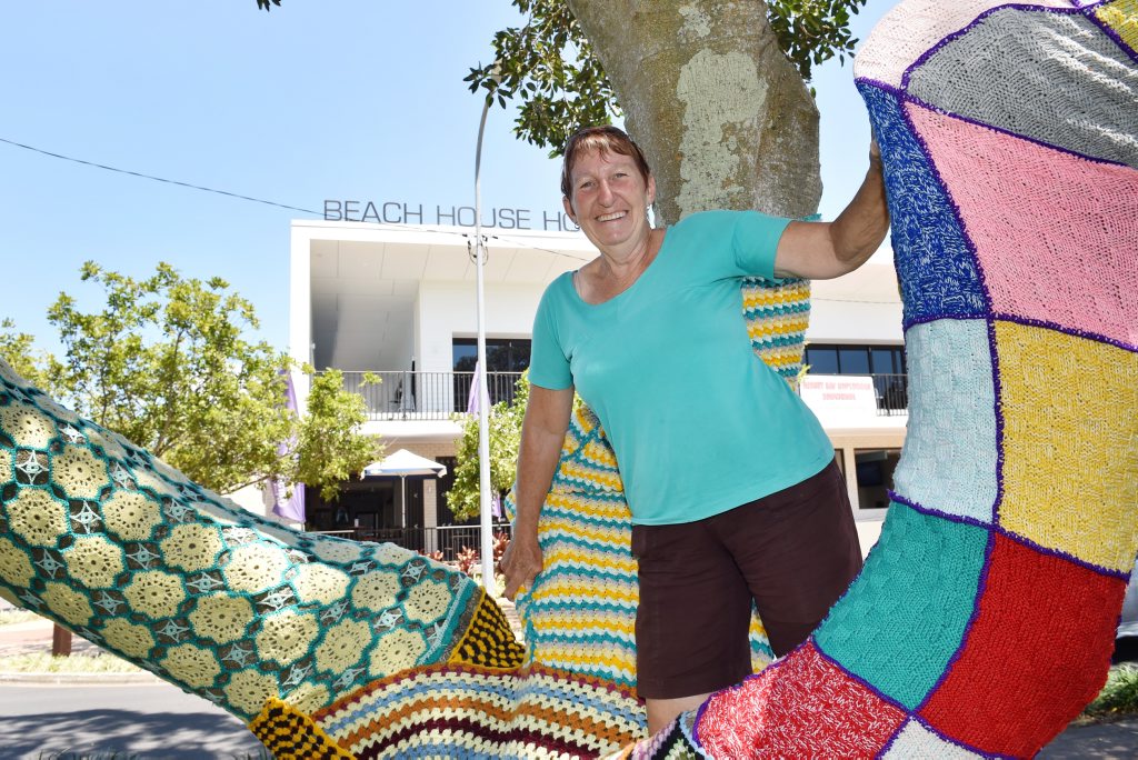 'Graffiti Granny' Josie Street played her part in the yarn bombing in Scarness Park. Photo: Valerie Horton / Fraser Coast Chronicle