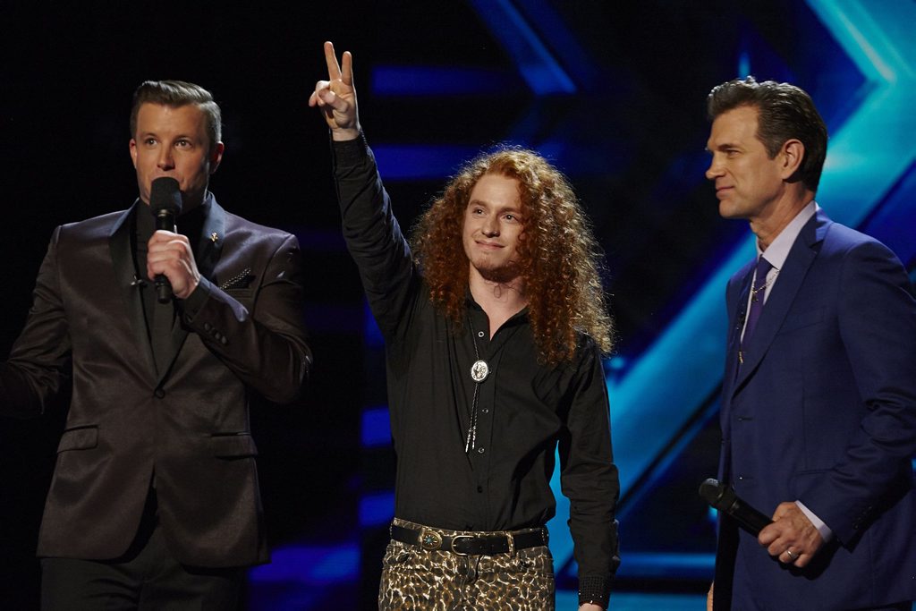 Eliminated X Factor contestant Jimmy Davis pictured with host Luke Jacobz, left, and mentor Chris Isaak. Eliminated X Factor contestant Jimmy Davis pictured with host Luke Jacobz, left, and mentor Chris Isaak.