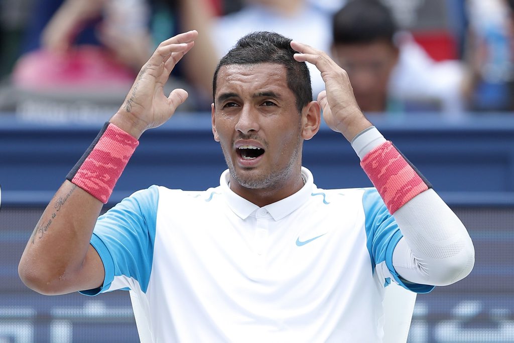 SHANGHAI, CHINA - OCTOBER 14: Nick Kyrgios of Australia reacts during against Kei Nishikori of Japan during their men's singles second round match on day 4 of Shanghai Rolex Masters at Qi Zhong Tennis Centre on October 14, 2015 in Shanghai, China. (Photo by Lintao Zhang/Getty Images) SHANGHAI, CHINA - OCTOBER 14: Nick Kyrgios of Australia reacts during against Kei Nishikori of Japan during their men's singles second round match on day 4 of Shanghai Rolex Masters at Qi Zhong Tennis Centre on October 14, 2015 in Shanghai, China. (Photo by Lintao Zhang/Getty Images)
