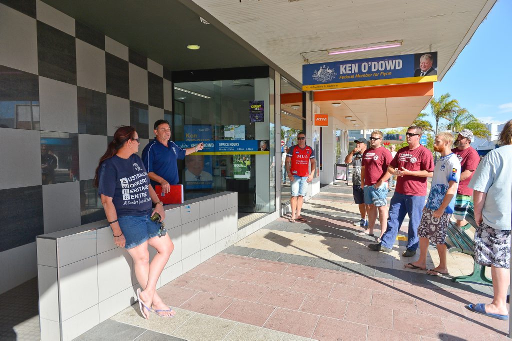 Maritime Union of Australia assistant branch secretary Paul Gallagher protesting about changes to the Coastal Trading Act outside Ken O'Dowd's office. Photo Mike Richards / The Observer