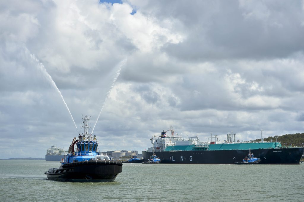 Santos GLNG's first shipment of LNG leaves Curtis Island bound for Korea after years of construction. Photo Paul Braven / The Observer Santos GLNG's first shipment of LNG leaves Curtis Island bound for Korea after years of construction. Photo Paul Braven / The Observer