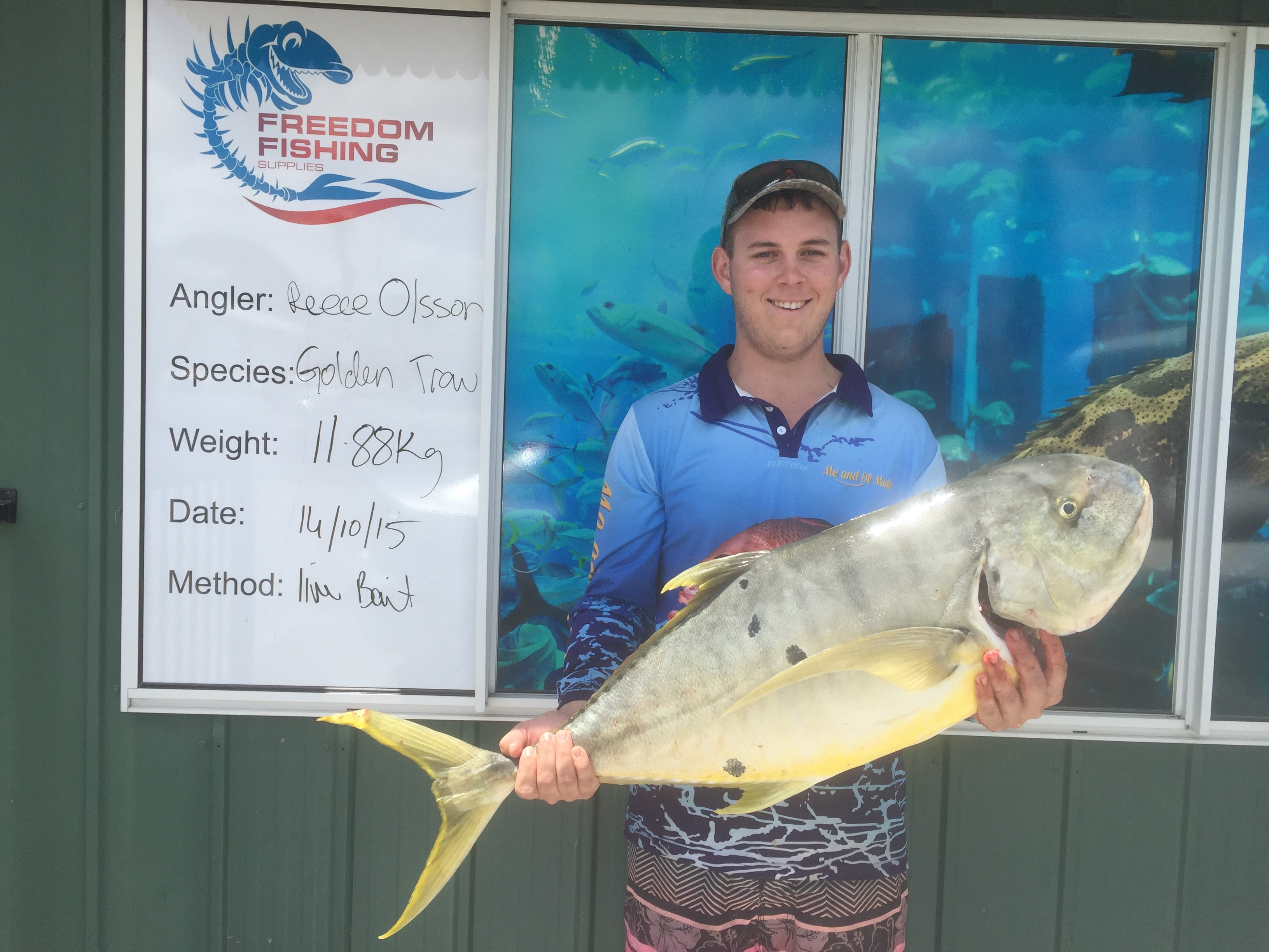 Reece Olsson has had a few good trips out off Burrum, this golden trevally weighed in just shy of 12kg.
Photo Freedom Fishing Supplies Reece Olsson has had a few good trips out off Burrum, this golden trevally weighed in just shy of 12kg.
Photo Freedom Fishing Supplies