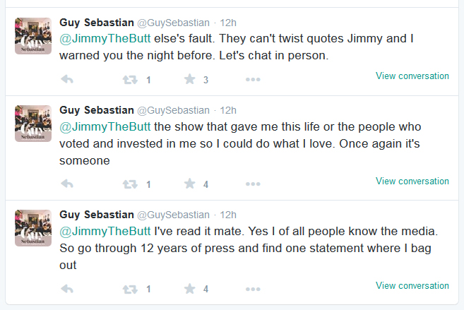 A portion of Guy Sebastian's lengthy Twitter conversation with Jimmy Davis. A portion of Guy Sebastian's lengthy Twitter conversation with Jimmy Davis.