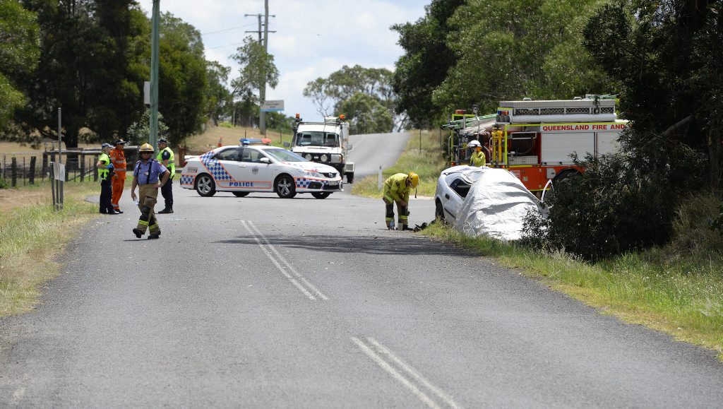 One person was killed and another airlifted to hospital after a single-vehicle rollover on Glamorgan Vale Road at Glamorgan Vale on Friday. Photo: Rob Williams / The Queensland Times One person was killed and another airlifted to hospital after a single-vehicle rollover on Glamorgan Vale Road at Glamorgan Vale on Friday. Photo: Rob Williams / The Queensland Times