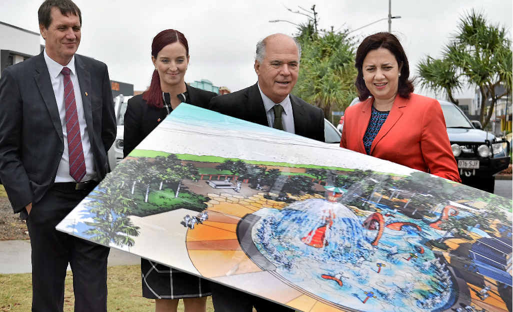 State Development Minister Dr Anthony Lynham, Keppel’s Brittany Lauga, Livingstone Mayor Bill Ludwig and Premier Annastacia Palaszczuk take a look at the proposed design of the Yeppoon water play feature. State Development Minister Dr Anthony Lynham, Keppel’s Brittany Lauga, Livingstone Mayor Bill Ludwig and Premier Annastacia Palaszczuk take a look at the proposed design of the Yeppoon water play feature.